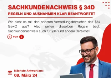 Die Sachkundedelegation ist in anderen Bereichen - wie z.B. der Finanzanlagenvermittlung nach § 34f GewO oder der Immobiliardarlehensvermittlung nach § 34i GewO - nur sehr eingeschränkt möglich.