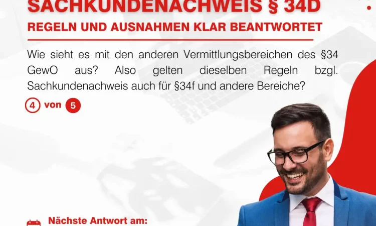 Die Sachkundedelegation ist in anderen Bereichen - wie z.B. der Finanzanlagenvermittlung nach § 34f GewO oder der Immobiliardarlehensvermittlung nach § 34i GewO - nur sehr eingeschränkt möglich.